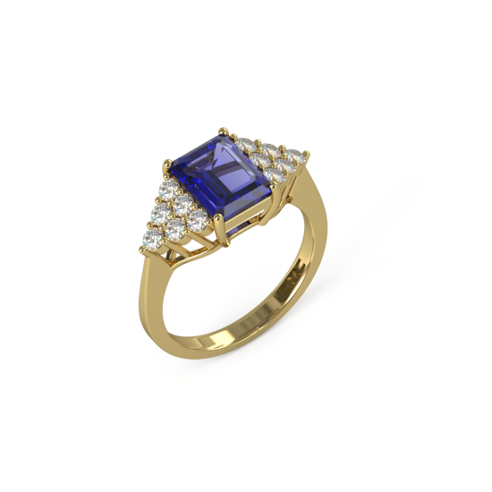 טבעת ספיר כחול עם יהלומים בזהב צהוב