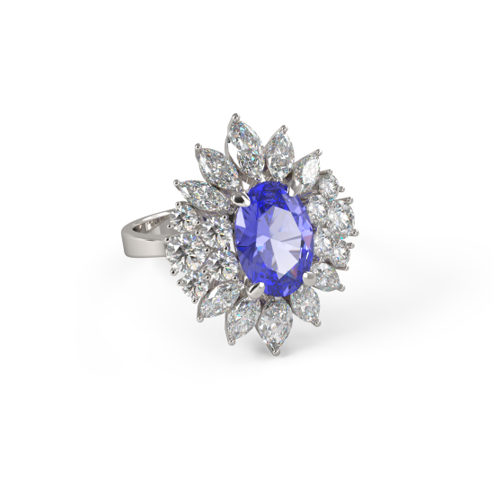 טבעת ספיר כחול עם יהלומים בזהב לבן