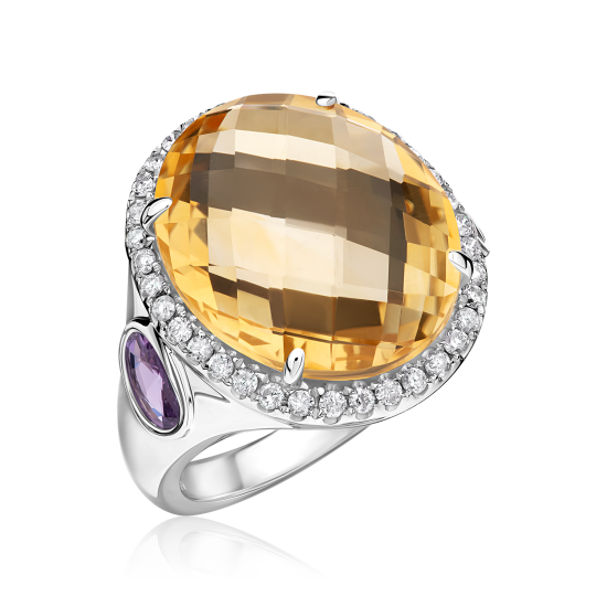 טבעת זהב לבן משובצת סיטרין צהוב מוקף שורת יהלומים ואמטיסט סגול בחישוק