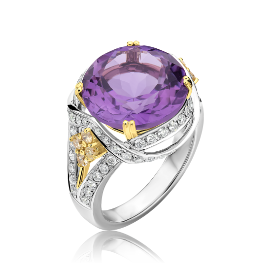 טבעת אמטיסט סגול עם חישוק טבעת מעוצב ומשובץ יהלומים