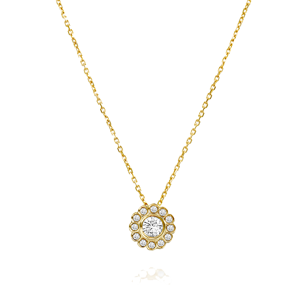 תליון יהלומים בזהב צהוב בדוגמת פרח עם שרשרת זהב