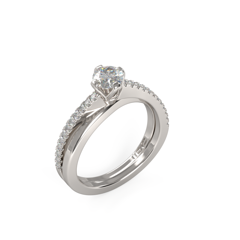 טבעת אירוסין זהב לבן ויהלום סוליטר עם חישוק טבעת מעוצב משובץ יהלומים מבט על