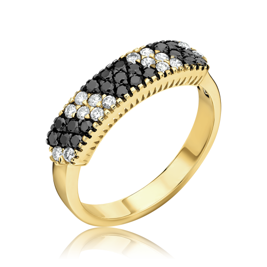 טבעת יהלומים שחורים ולבנים בזהב צהוב