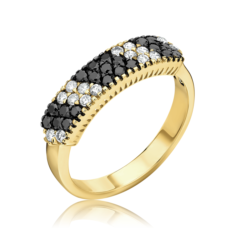טבעת יהלומים שחורים ולבנים בזהב צהוב
