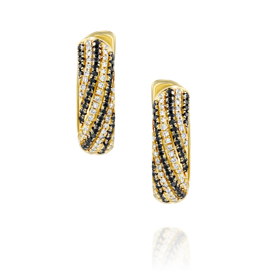 עגילי חישוק יהלומים שחורים ולבנים בדוגמת אלכסונים בזהב צהוב