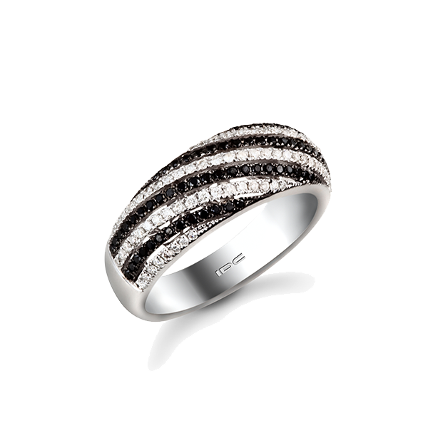 טבעת יהלומים שחורים ולבנים בדוגמת אלכסון בזהב לבן