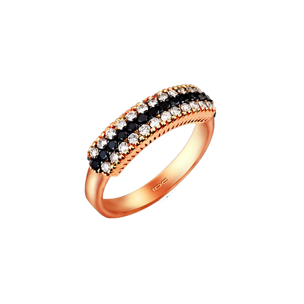 טבעת יהלומים שחורים ולבנים בדוגמת פסים בזהב ורוד