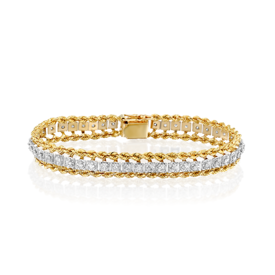 צמיד טניס עשוי זהב, עם מסגרת בצורת חבל התוחמת שורת יהלומים בליטוש פרינסס מרובע
