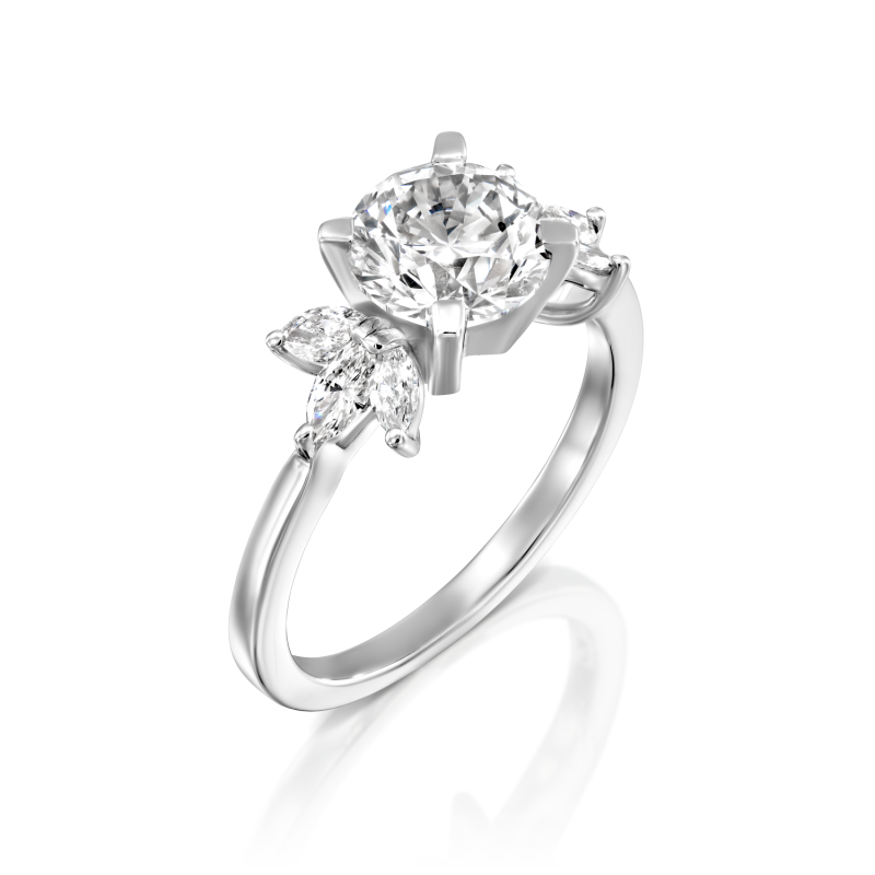 טבעת אירוסין זהב לבן יהלום סוליטר עם שלושה יהלומים בליטוש מרקיזה צדדים מבט צד