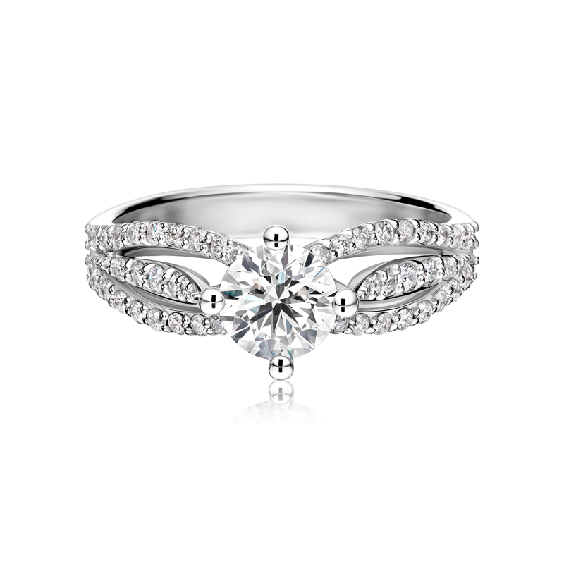 טבעת אירוסין זהב לבן יהלום סוליטר עם חישוק טבעת מעוצב משובץ יהלומים מבט על
