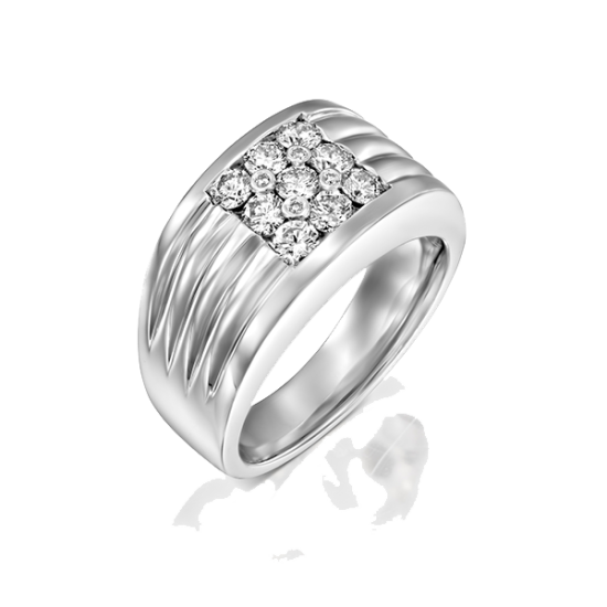 טבעת גבר זהב לבן ויהלומים עגולים בגדלים משתנים בתוך מסגרת מרובעת