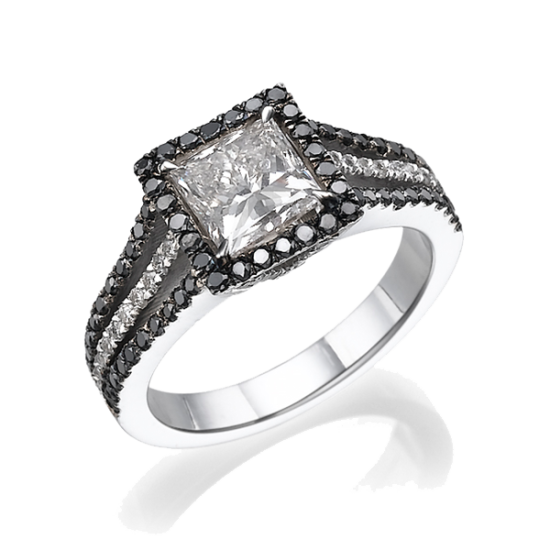 טבעת יהלומים שחורים עם יהלום בליטוש פרינסס במרכז