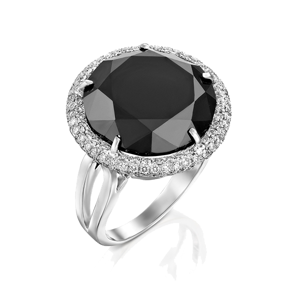 טבעת יהלום שחור גדול מוקף ביהלומים לבנים חישוק טבעת מפוצל לשניים