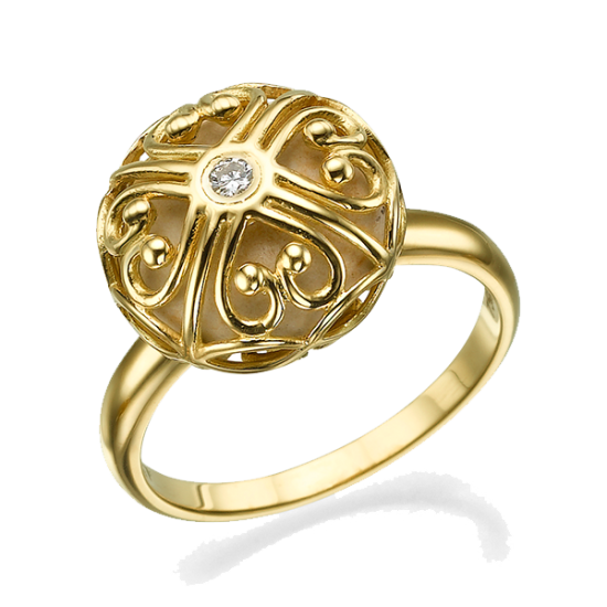 טבעת זהב לבבות זהב צהוב משובץ יהלום ואבן ירושלמית מוריה