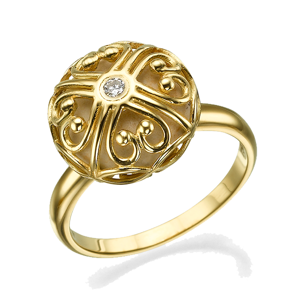 טבעת זהב לבבות זהב צהוב משובץ יהלום ואבן ירושלמית מוריה