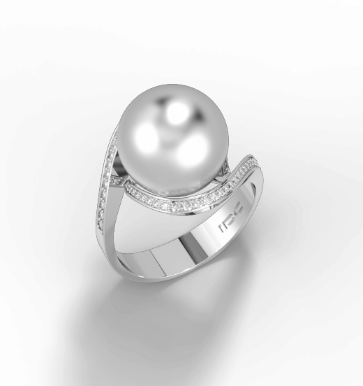 טבעת פנינה לבנה עם יהלומים לבנים בזהב לבן