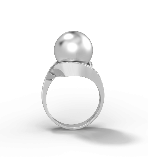 טבעת פנינה לבנה עם יהלומים לבנים בזהב לבן מבט צד
