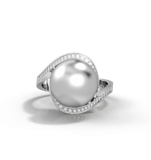 טבעת פנינה לבנה עם יהלומים לבנים בזהב לבן