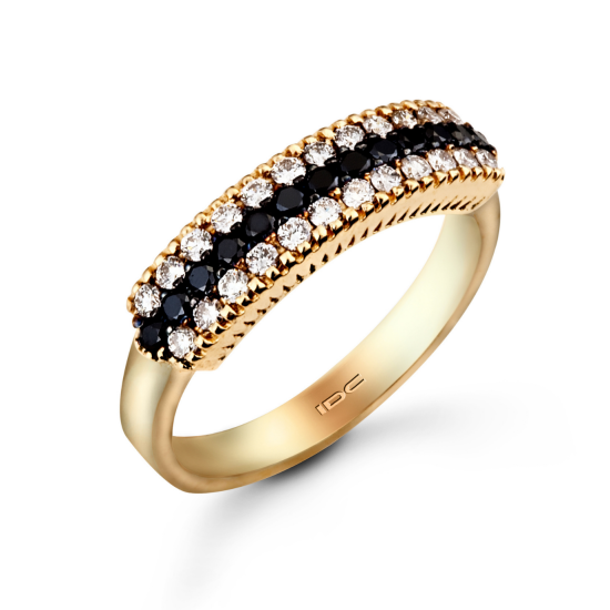 טבעת יהלומים שחור לבן בזהב צהוב בדוגמת פסים