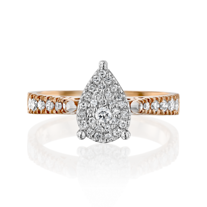 טבעת יהלומים מעוצבת לדוגמת טיפה בזהב ורוד