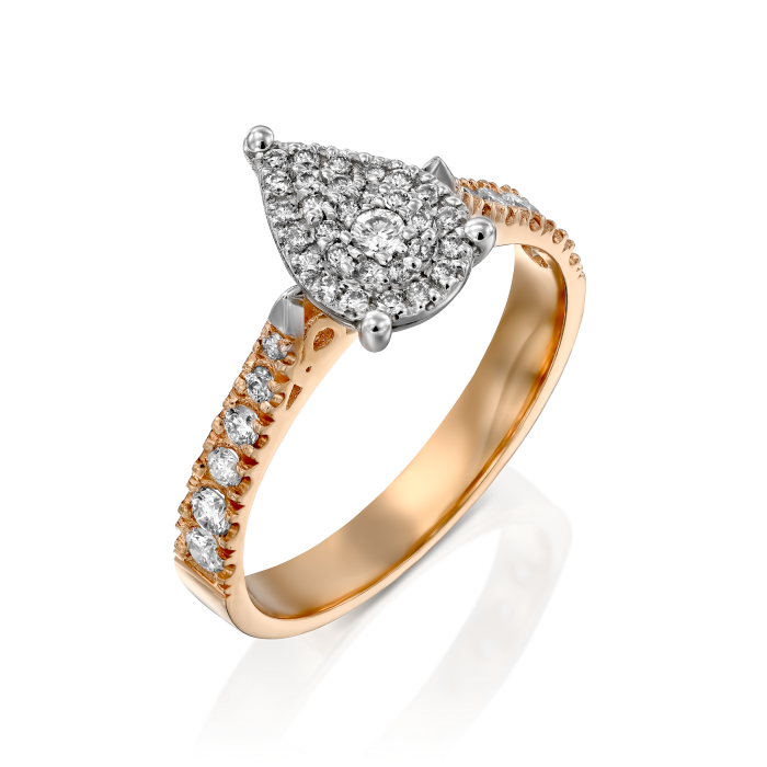 טבעת יהלומים מעוצבת לדוגמת טיפה בזהב ורוד חישוק הטבעת משובץ ביהלומים