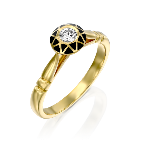 טבעת זהב עם יהלום בדוגמת יהלום בזהב ואמייל שחור