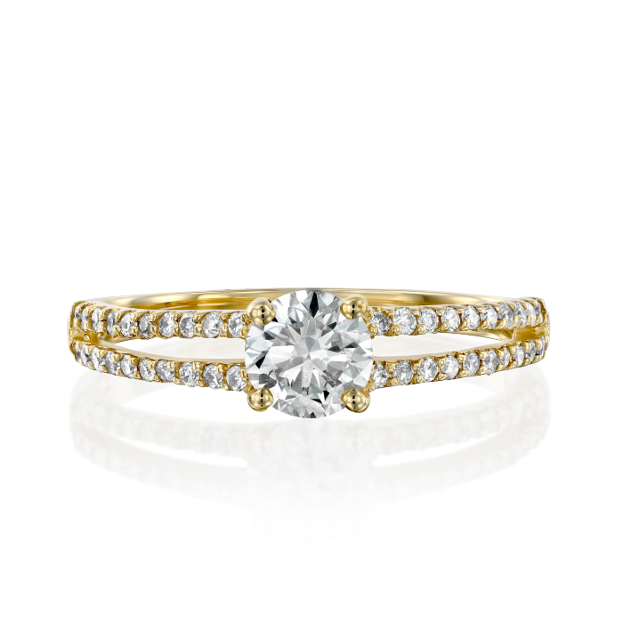 טבעת אירוסין יהלום סוליטר זהב צהוב חישוק טבעת מפוצל ומשובץ יהלומים