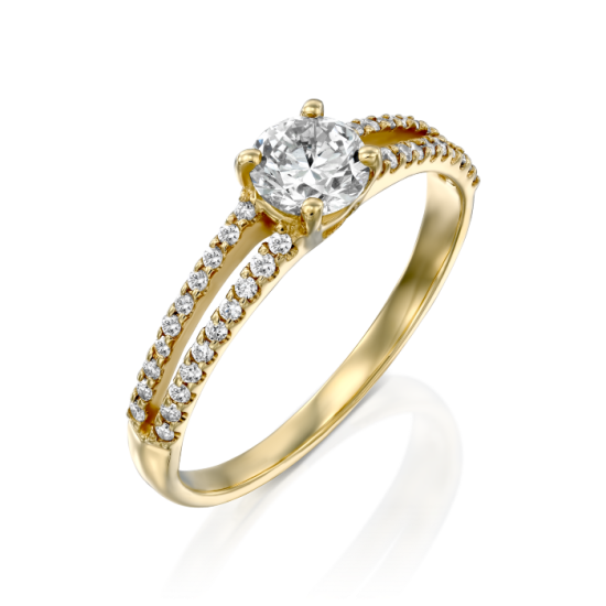 טבעת יהלומים סוליטר זהב צהוב חישוק טבעת מפוצל לשניים משובץ יהלומים