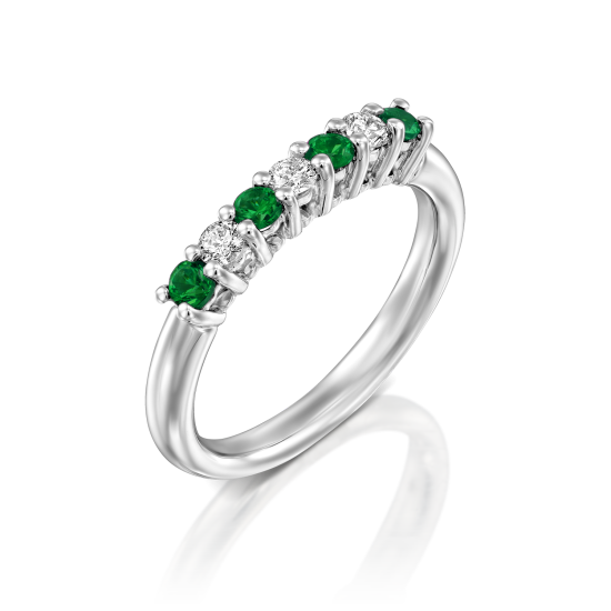 טבעת איטנרינטי יהלומים ואמרלד בליטוש עגול משובצים לסרוגין בזהב לבן