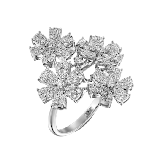 טבעת יהלומים בזהב לבן בדוגמת ארבעה פרחים