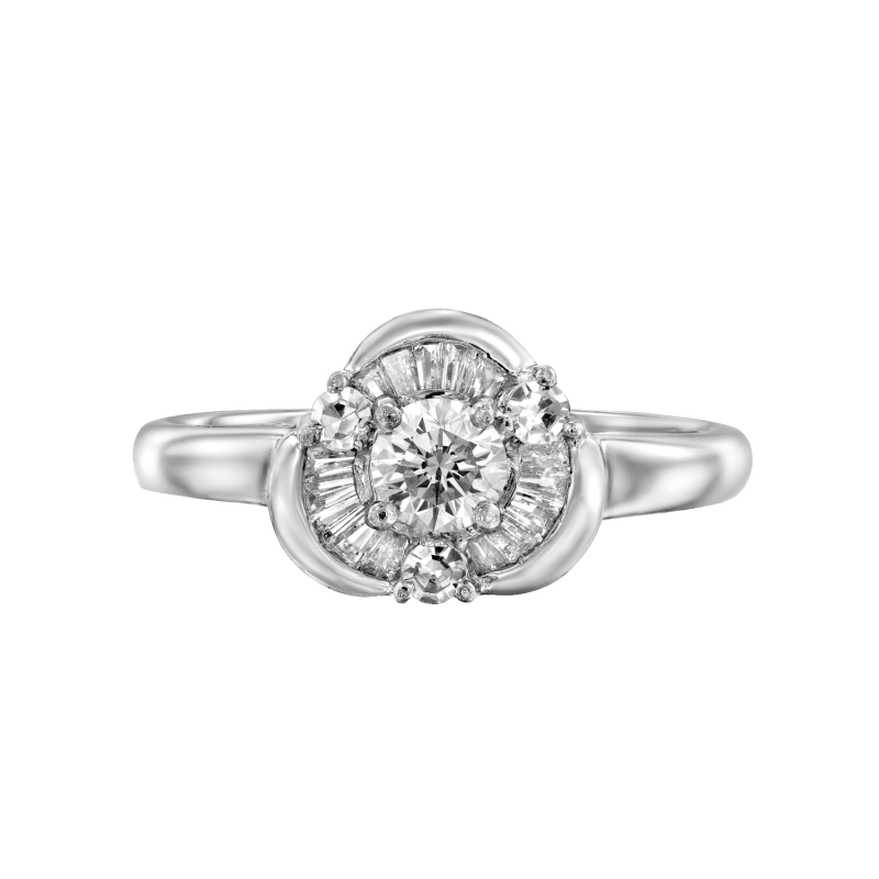 טבעת אירוסין זהב לבן יהלום סוליטר ויהלומי טרפז ממוסגרים בצורת פרח