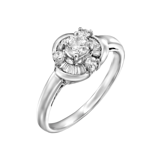 טבעת אירוסין זהב לבן יהלום סוליטר ויהלומי טרפז ממוסגרים בצורת פרח