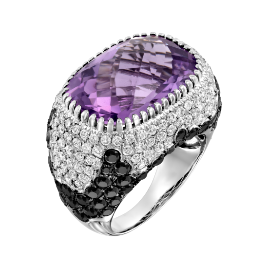טבעת אמטיסט עם יהלומים שחורים ולבנים