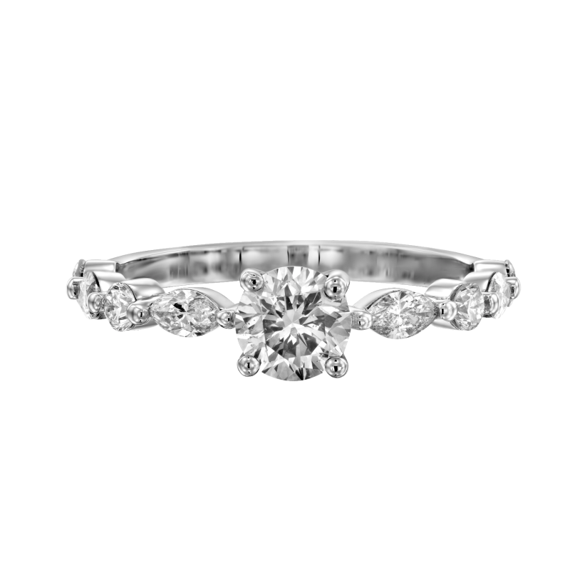 טבעת אירוסין יהלומים סוליטר בזהב לבן עם חישוק טבעת משובץ ביהלומים