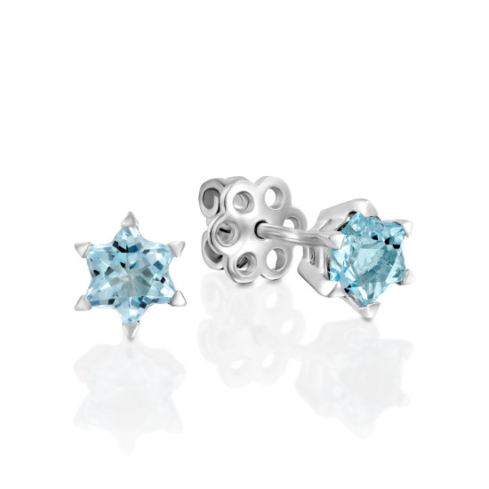 Star Of David Stud Earrings, Gold and Blue Topaz